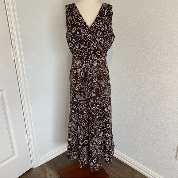 Vintage Sheri Martin Midi Floral Brown White V Neck Criss Cross Size 10 - Picture 2 of 11